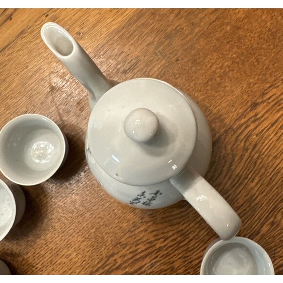 Asian Sage Green Long Neck Saki Teapot & 6 Cups Dogwood Branch Japanese Vintage - Picture 5 of 9